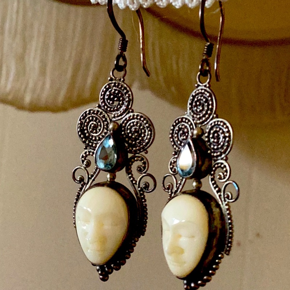 Beautiful sterling silver carved bone Bali styled earrings- Mystic blue topaz